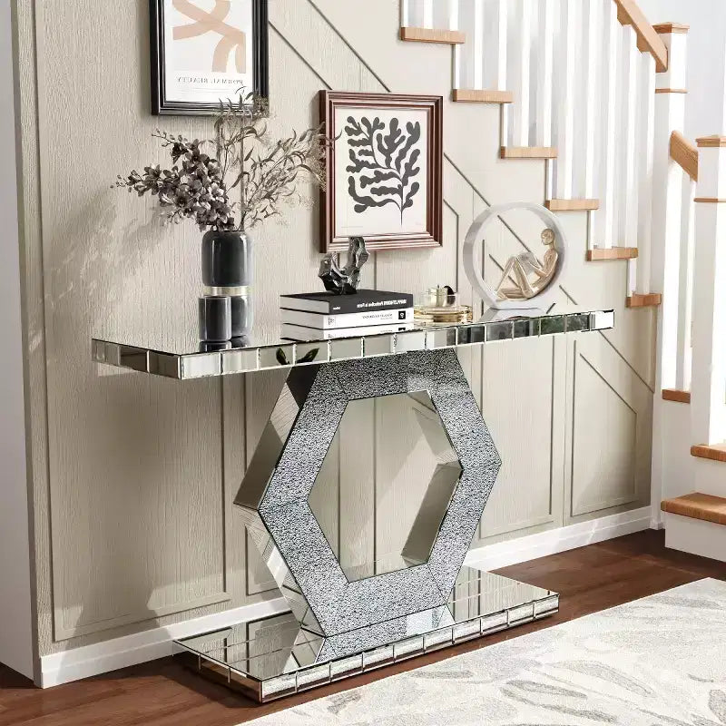 Glam Mirrored Entryway Console Table, Art Deco Hallway Table with Crystal Hexagon Base for Modern Foyer, Living Room or Behind Sofa - Panipeachy