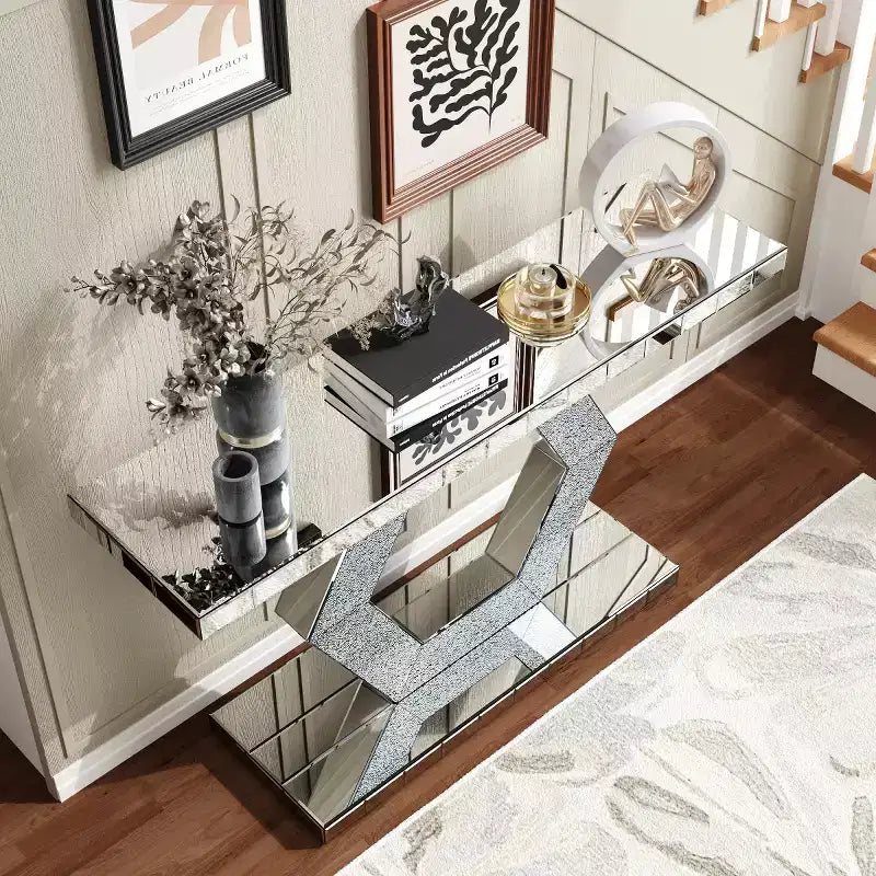 Glam Mirrored Entryway Console Table, Art Deco Hallway Table with Crystal Hexagon Base for Modern Foyer, Living Room or Behind Sofa - Panipeachy