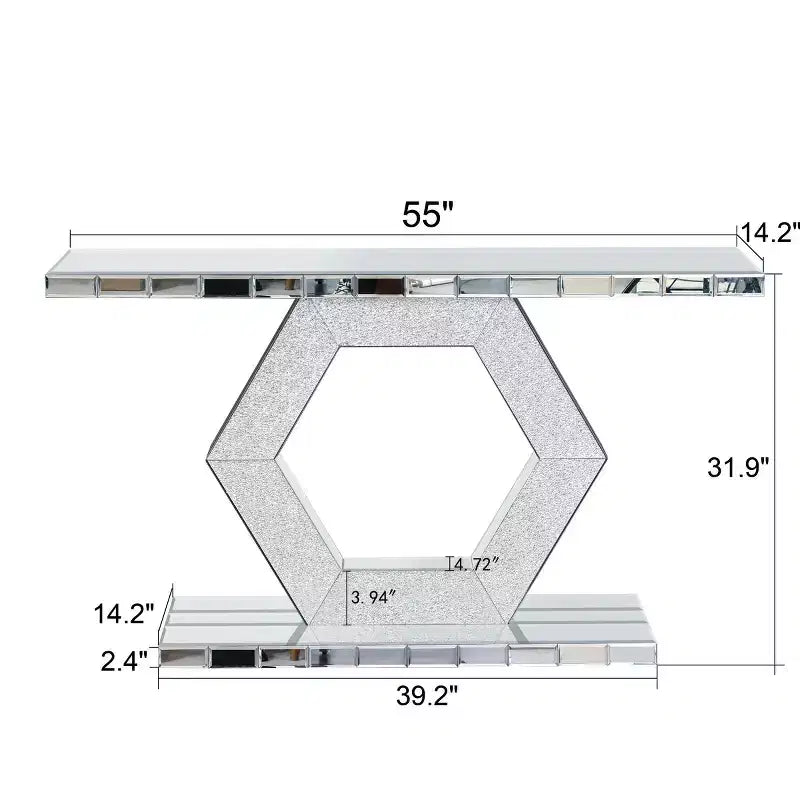 Glam Mirrored Entryway Console Table, Art Deco Hallway Table with Crystal Hexagon Base for Modern Foyer, Living Room or Behind Sofa - Panipeachy