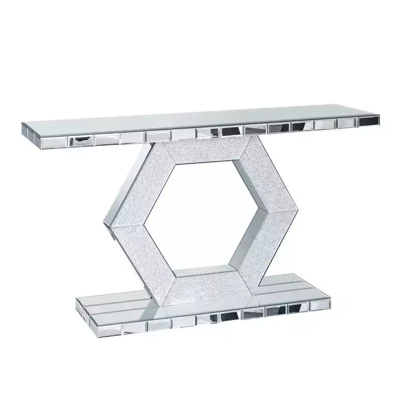 Glam Mirrored Entryway Console Table, Art Deco Hallway Table with Crystal Hexagon Base for Modern Foyer, Living Room or Behind Sofa - Panipeachy
