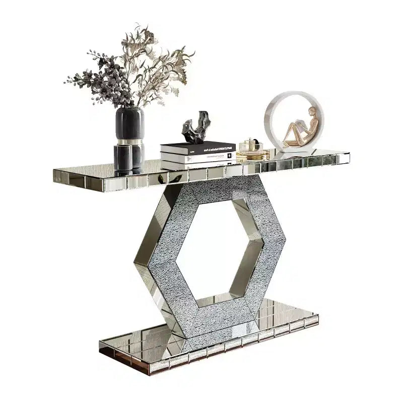 Glam Mirrored Entryway Console Table, Art Deco Hallway Table with Crystal Hexagon Base for Modern Foyer, Living Room or Behind Sofa - Panipeachy