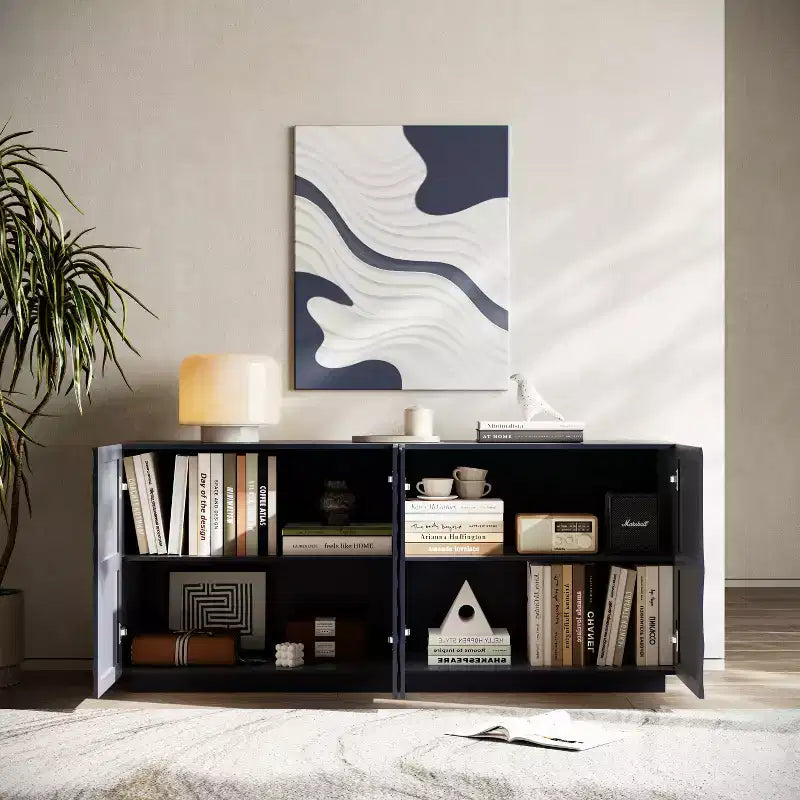 GDFStudio Grella 59'' Modern 3D Texture Storage Buffet Cabinet with 4 Doors and 2 Shelves
