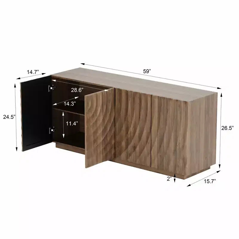 GDFStudio Grella 59'' Modern 3D Texture Storage Buffet Cabinet with 4 Doors and 2 Shelves