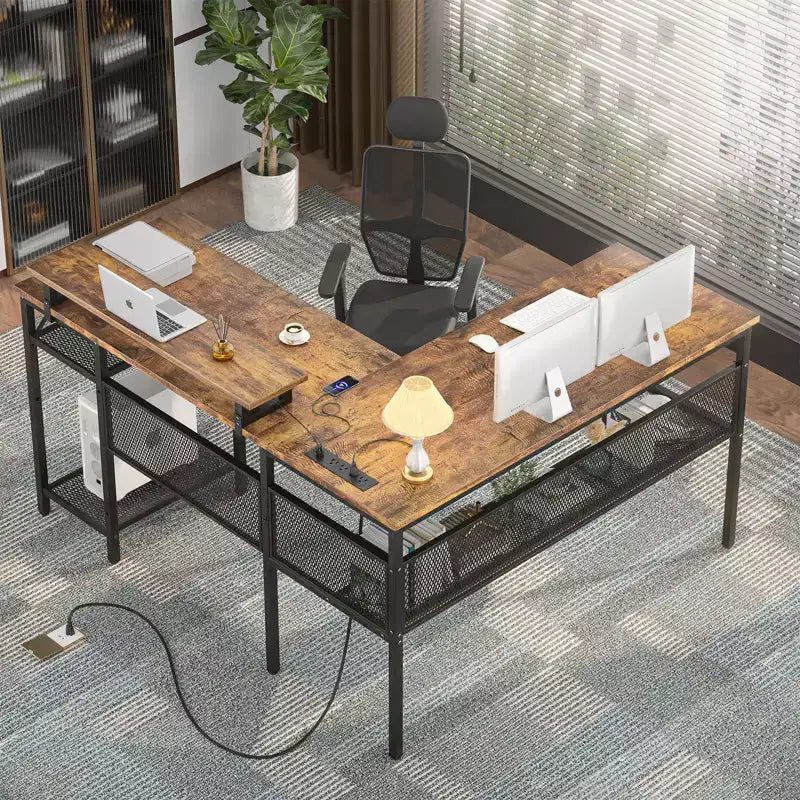 Besiost L Shape Desk with Charging Station, Computer Corner Desk with LED Light and Open Storage Shlves