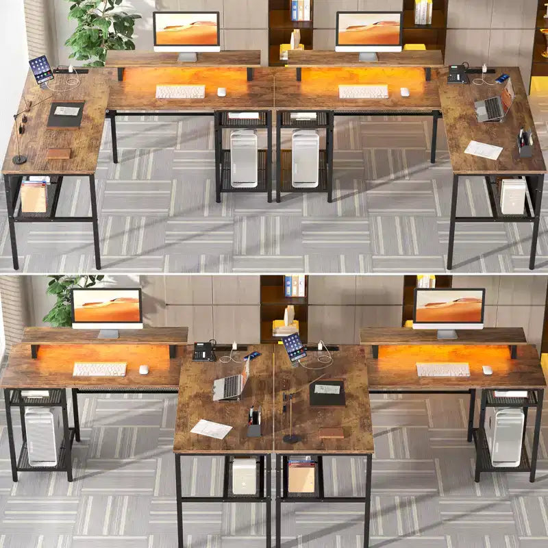 Besiost L Shape Desk with Charging Station, Computer Corner Desk with LED Light and Open Storage Shlves