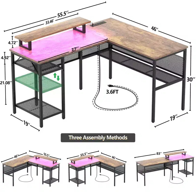 Besiost L Shape Desk with Charging Station, Computer Corner Desk with LED Light and Open Storage Shlves