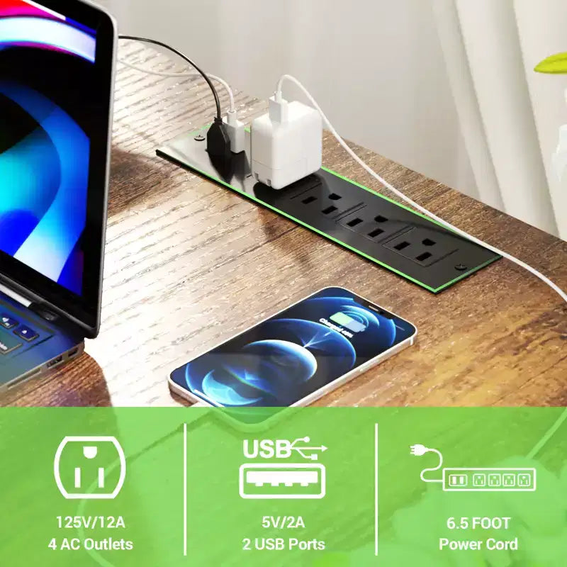 Besiost L Shape Desk with Charging Station, Computer Corner Desk with LED Light and Open Storage Shlves