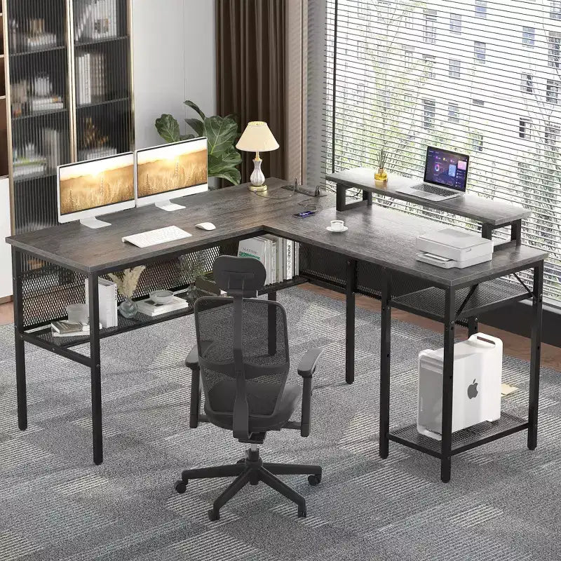 Besiost L Shape Desk with Charging Station, Computer Corner Desk with LED Light and Open Storage Shlves