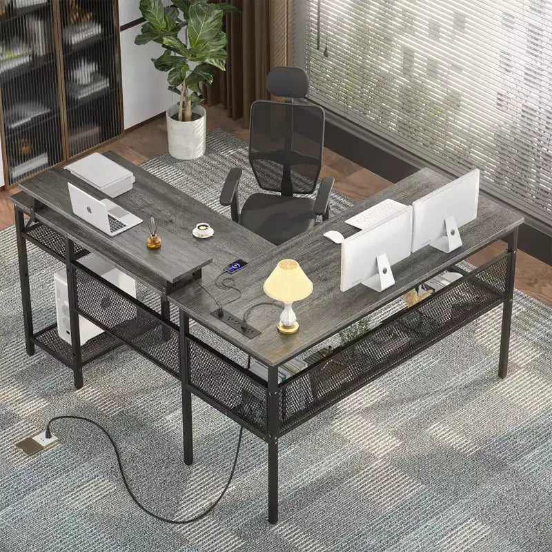 Besiost L Shape Desk with Charging Station, Computer Corner Desk with LED Light and Open Storage Shlves