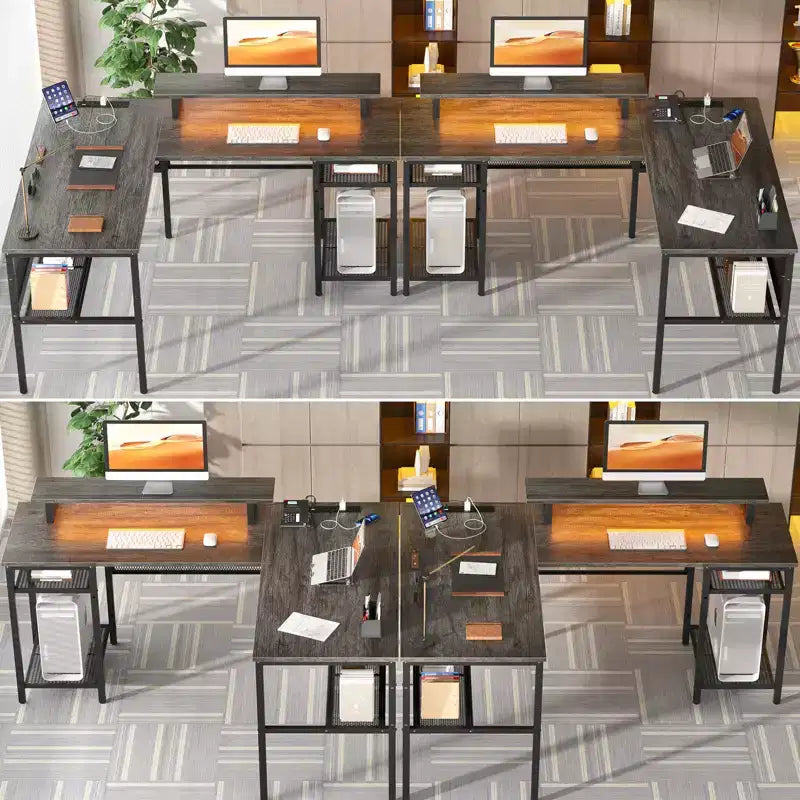 Besiost L Shape Desk with Charging Station, Computer Corner Desk with LED Light and Open Storage Shlves