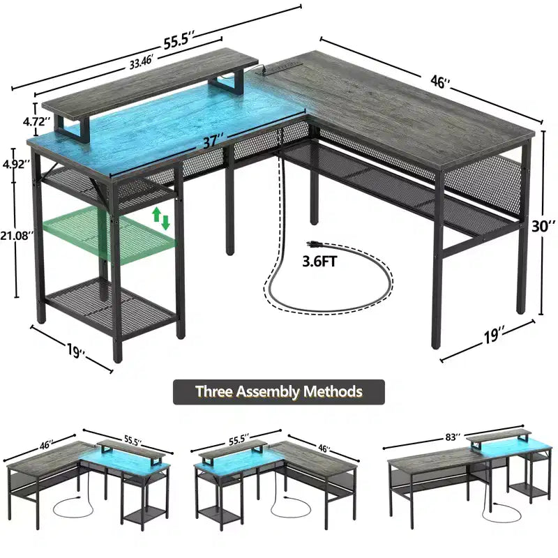 Besiost L Shape Desk with Charging Station, Computer Corner Desk with LED Light and Open Storage Shlves