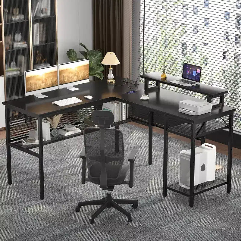 Besiost L Shape Desk with Charging Station, Computer Corner Desk with LED Light and Open Storage Shlves