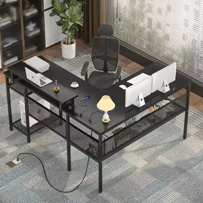 Besiost L Shape Desk with Charging Station, Computer Corner Desk with LED Light and Open Storage Shlves