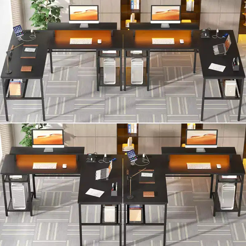 Besiost L Shape Desk with Charging Station, Computer Corner Desk with LED Light and Open Storage Shlves