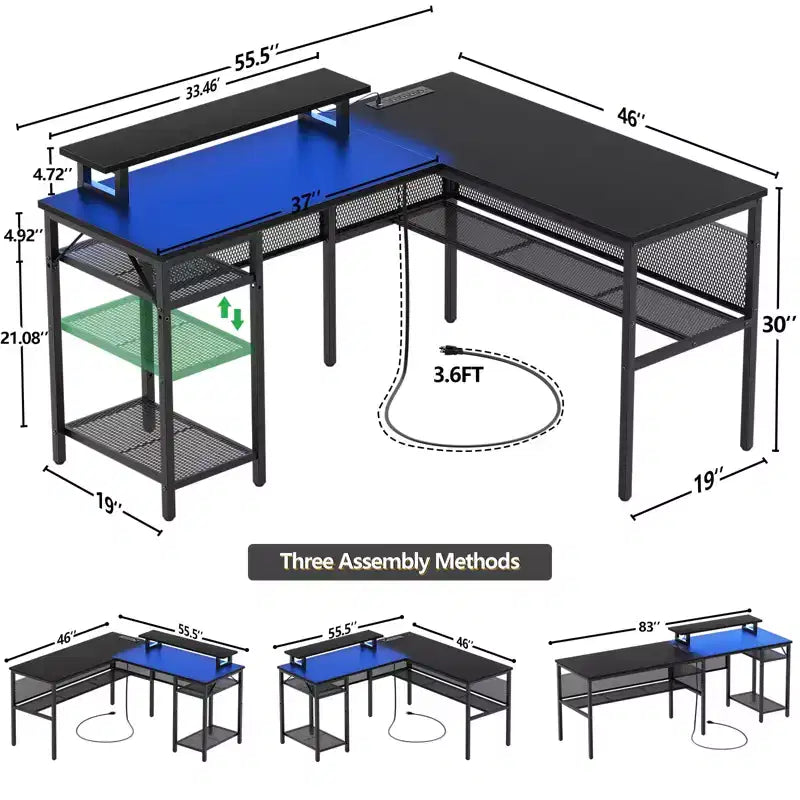 Besiost L Shape Desk with Charging Station, Computer Corner Desk with LED Light and Open Storage Shlves