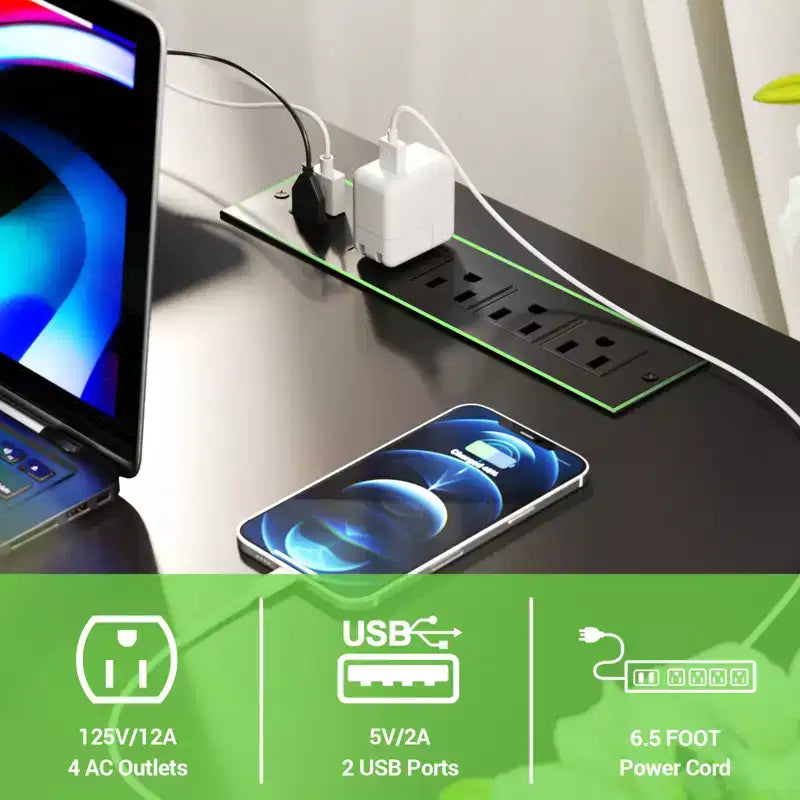 Besiost L Shape Desk with Charging Station, Computer Corner Desk with LED Light and Open Storage Shlves