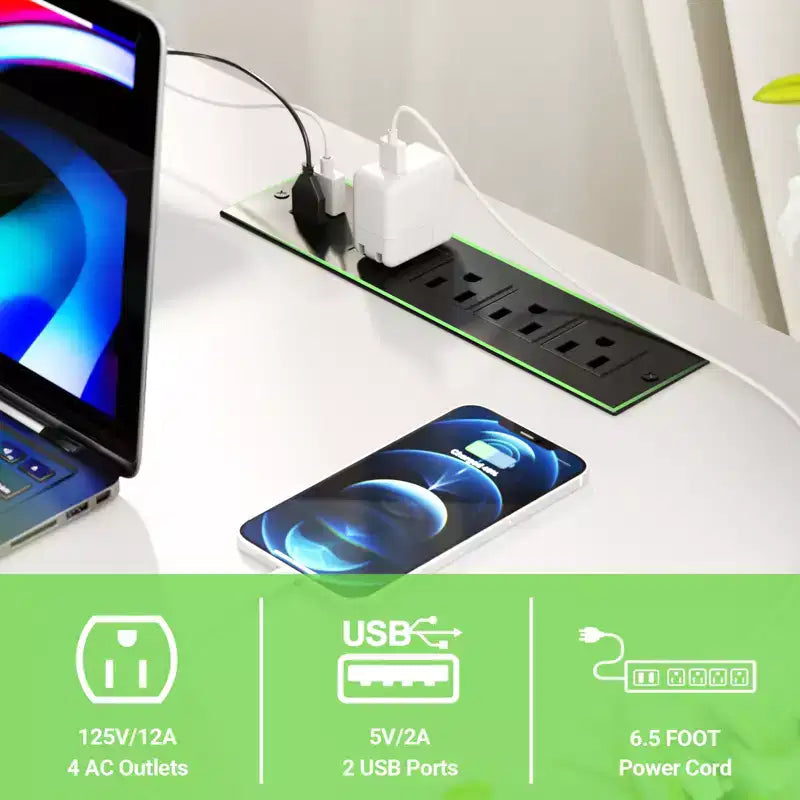 Besiost L Shape Desk with Charging Station, Computer Corner Desk with LED Light and Open Storage Shlves