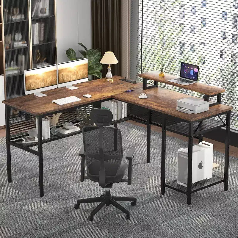 Besiost L Shape Desk with Charging Station, Computer Corner Desk with LED Light and Open Storage Shlves