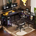 Besiost L Shape Desk with Charging Station, Computer Corner Desk with LED Light and Open Storage Shlves