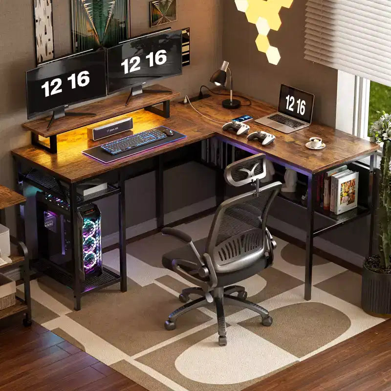 Besiost L Shape Desk with Charging Station, Computer Corner Desk with LED Light and Open Storage Shlves