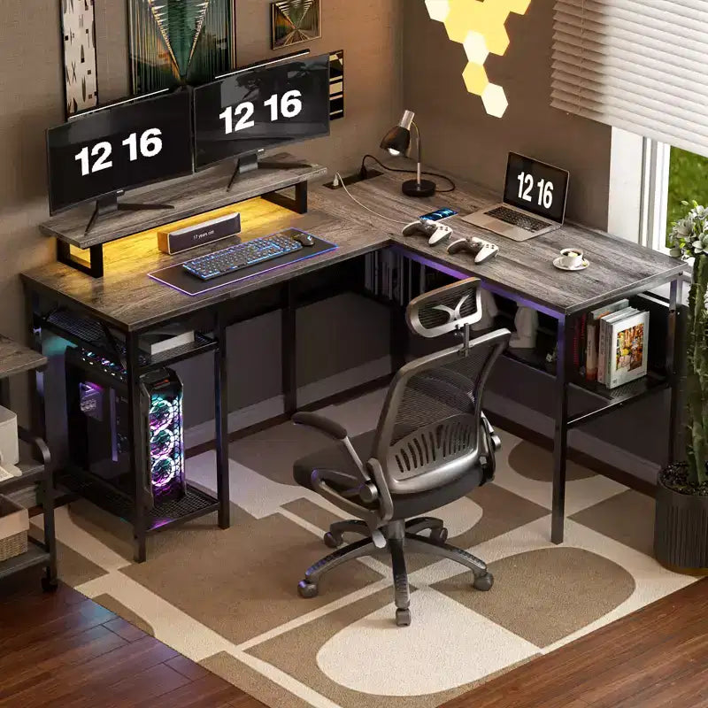 Besiost L Shape Desk with Charging Station, Computer Corner Desk with LED Light and Open Storage Shlves