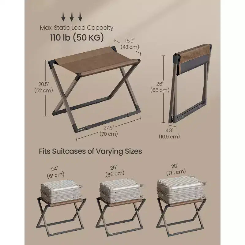 Porte-bagages pliant, support de valise en métal avec plateau en cuir synthétique et protection de sol, capacité de 50 kg pour chambre d'amis et hôtel