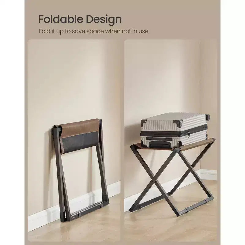 Porte-bagages pliant, support de valise en métal avec plateau en cuir synthétique et protection de sol, capacité de 50 kg pour chambre d'amis et hôtel