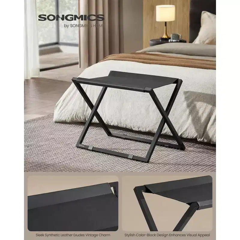 Porte-bagages pliant, support de valise en métal avec plateau en cuir synthétique et protection de sol, capacité de 50 kg pour chambre d'amis et hôtel
