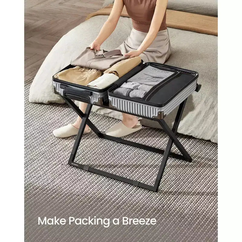 Porte-bagages pliant, support de valise en métal avec plateau en cuir synthétique et protection de sol, capacité de 50 kg pour chambre d'amis et hôtel