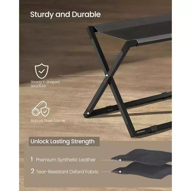 Porte-bagages pliant, support de valise en métal avec plateau en cuir synthétique et protection de sol, capacité de 50 kg pour chambre d'amis et hôtel