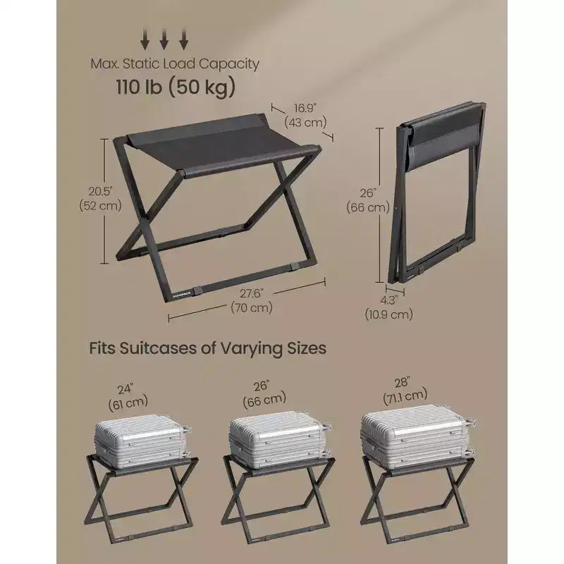 Porte-bagages pliant, support de valise en métal avec plateau en cuir synthétique et protection de sol, capacité de 50 kg pour chambre d'amis et hôtel