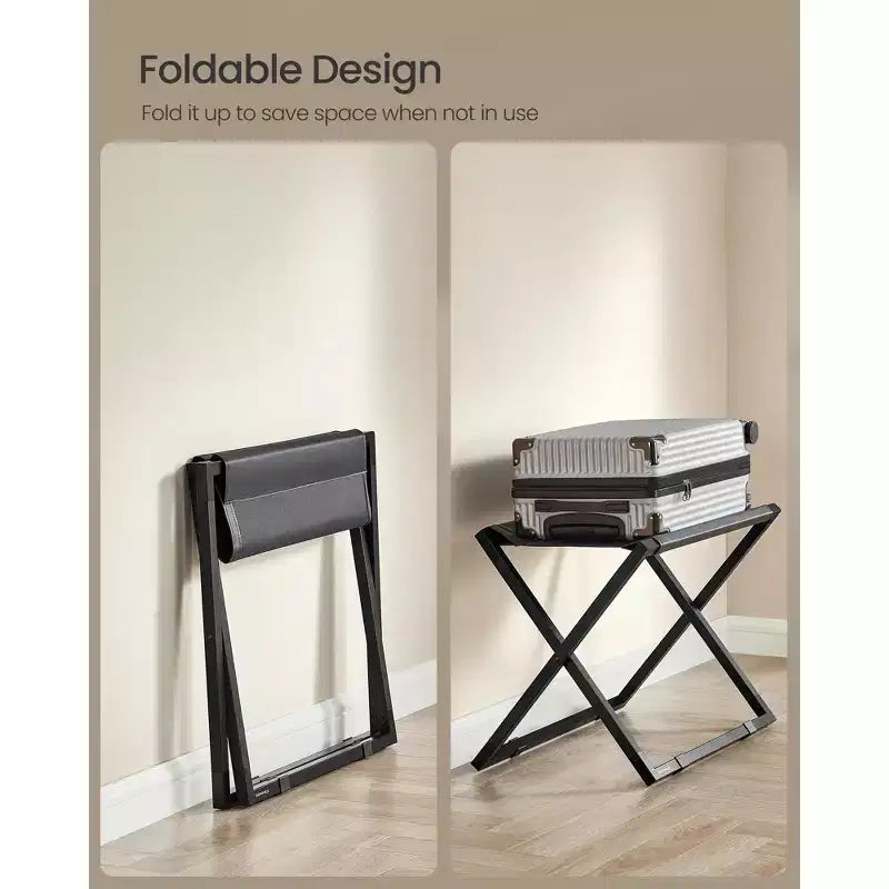 Porte-bagages pliant, support de valise en métal avec plateau en cuir synthétique et protection de sol, capacité de 50 kg pour chambre d'amis et hôtel