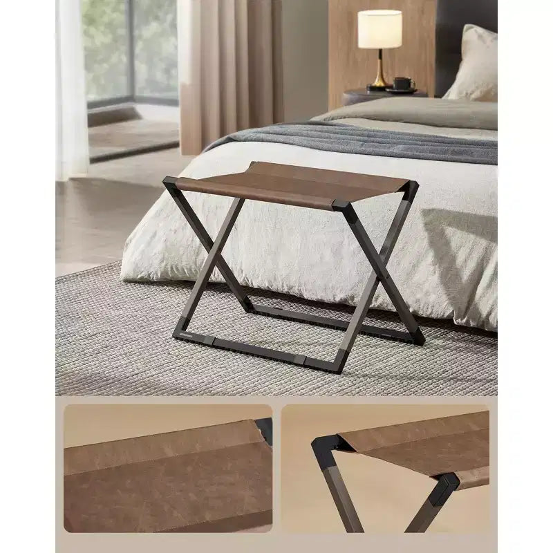 Porte-bagages pliant, support de valise en métal avec plateau en cuir synthétique et protection de sol, capacité de 50 kg pour chambre d'amis et hôtel