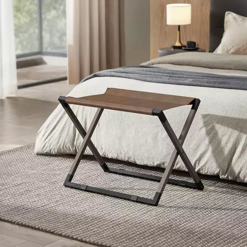 Folding Luggage Rack, Metal Suitcase Stand with Synthetic Leather Top & Floor Protection, 110 lb Capacity for Guest Room Hotel
