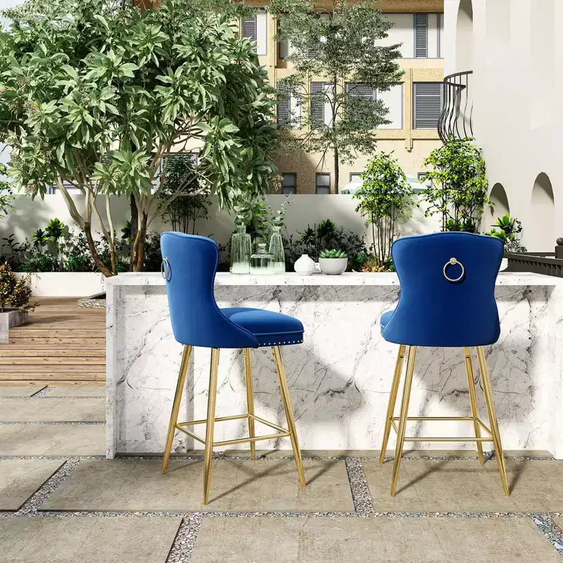 Okak Bar Stools Set of 2, Velvet Counter Height Barstools with Button Tufted Wing Back and Nailhead Trim, Elegant Bar Chairs for Kitchen Island