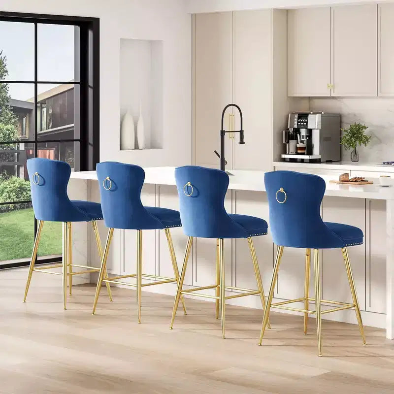 Okak Bar Stools Set of 2, Velvet Counter Height Barstools with Button Tufted Wing Back and Nailhead Trim, Elegant Bar Chairs for Kitchen Island