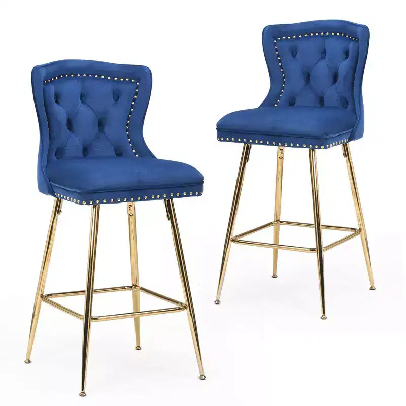 Okak Bar Stools Set of 2, Velvet Counter Height Barstools with Button Tufted Wing Back and Nailhead Trim, Elegant Bar Chairs for Kitchen Island
