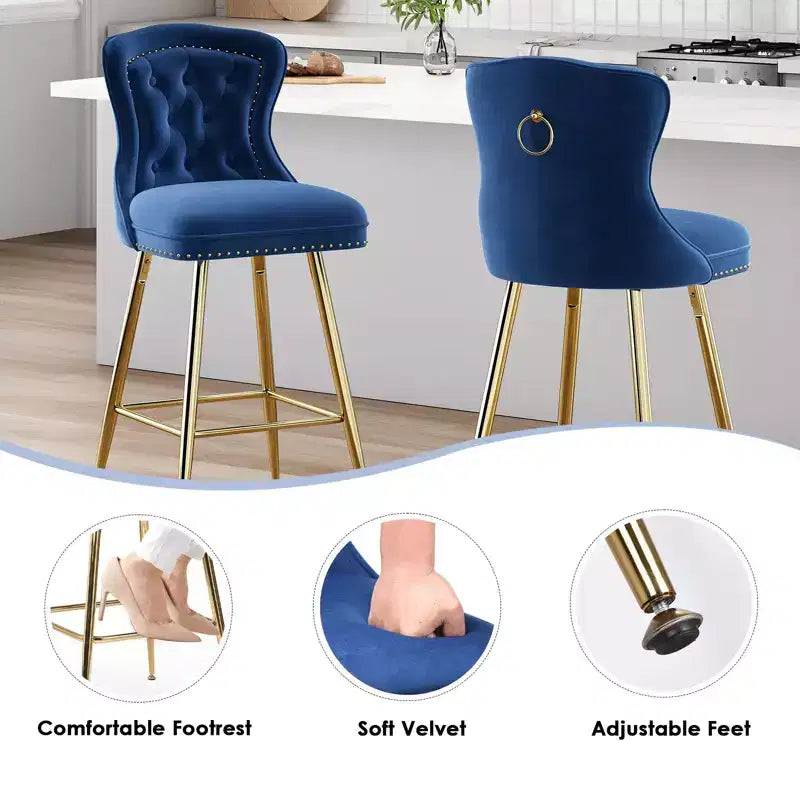 Okak Bar Stools Set of 2, Velvet Counter Height Barstools with Button Tufted Wing Back and Nailhead Trim, Elegant Bar Chairs for Kitchen Island