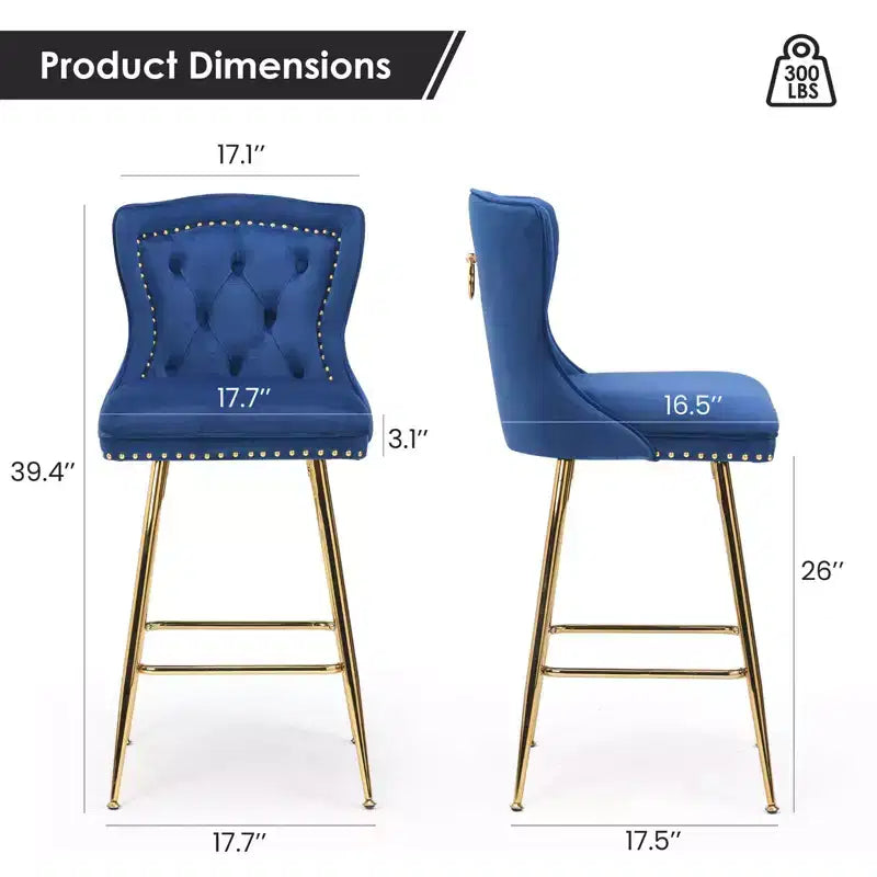 Okak Bar Stools Set of 2, Velvet Counter Height Barstools with Button Tufted Wing Back and Nailhead Trim, Elegant Bar Chairs for Kitchen Island