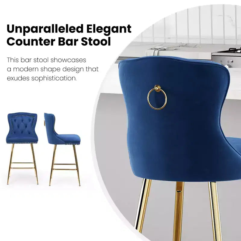 Okak Bar Stools Set of 2, Velvet Counter Height Barstools with Button Tufted Wing Back and Nailhead Trim, Elegant Bar Chairs for Kitchen Island
