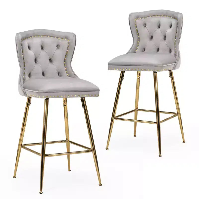 Okak Bar Stools Set of 2, Velvet Counter Height Barstools with Button Tufted Wing Back and Nailhead Trim, Elegant Bar Chairs for Kitchen Island