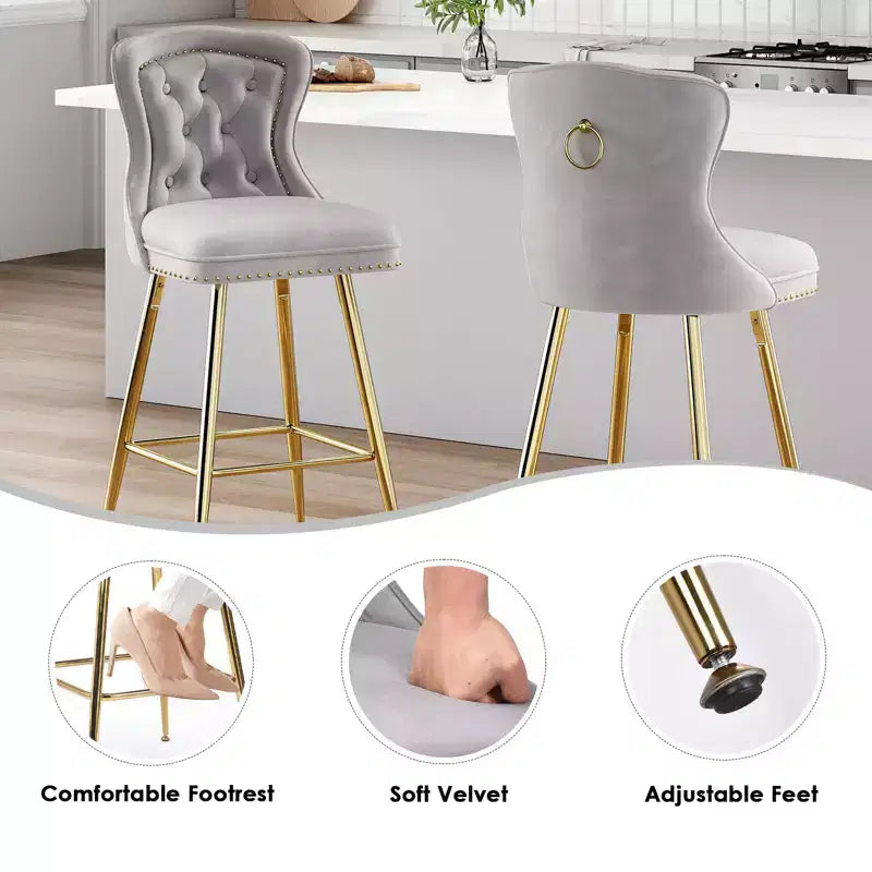 Okak Bar Stools Set of 2, Velvet Counter Height Barstools with Button Tufted Wing Back and Nailhead Trim, Elegant Bar Chairs for Kitchen Island