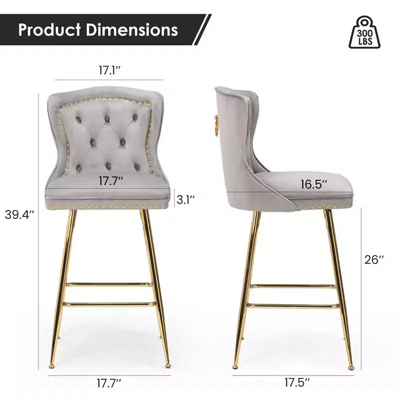 Okak Bar Stools Set of 2, Velvet Counter Height Barstools with Button Tufted Wing Back and Nailhead Trim, Elegant Bar Chairs for Kitchen Island