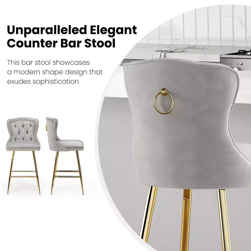 Okak Bar Stools Set of 2, Velvet Counter Height Barstools with Button Tufted Wing Back and Nailhead Trim, Elegant Bar Chairs for Kitchen Island