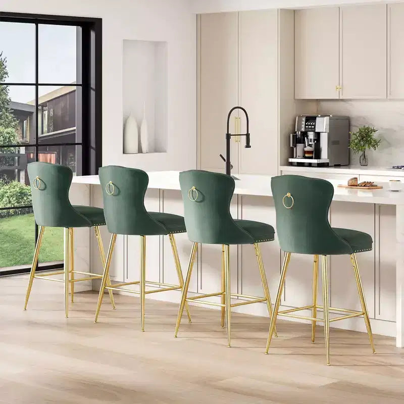 Okak Bar Stools Set of 2, Velvet Counter Height Barstools with Button Tufted Wing Back and Nailhead Trim, Elegant Bar Chairs for Kitchen Island