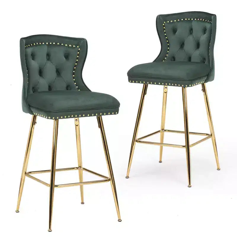 Okak Bar Stools Set of 2, Velvet Counter Height Barstools with Button Tufted Wing Back and Nailhead Trim, Elegant Bar Chairs for Kitchen Island