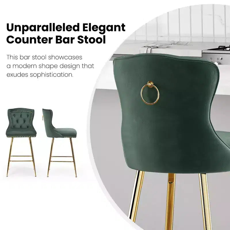 Okak Bar Stools Set of 2, Velvet Counter Height Barstools with Button Tufted Wing Back and Nailhead Trim, Elegant Bar Chairs for Kitchen Island