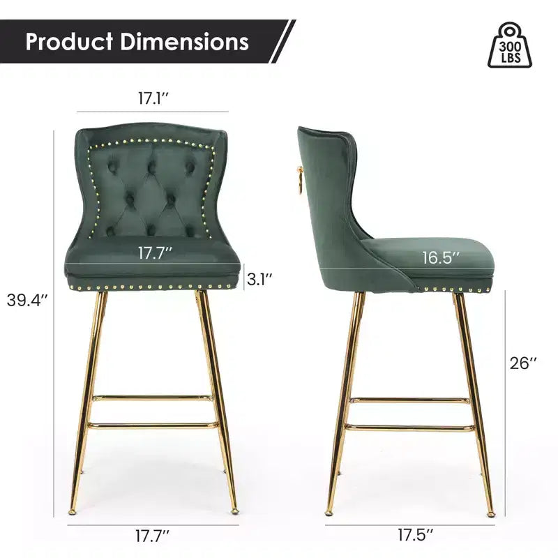 Okak Bar Stools Set of 2, Velvet Counter Height Barstools with Button Tufted Wing Back and Nailhead Trim, Elegant Bar Chairs for Kitchen Island