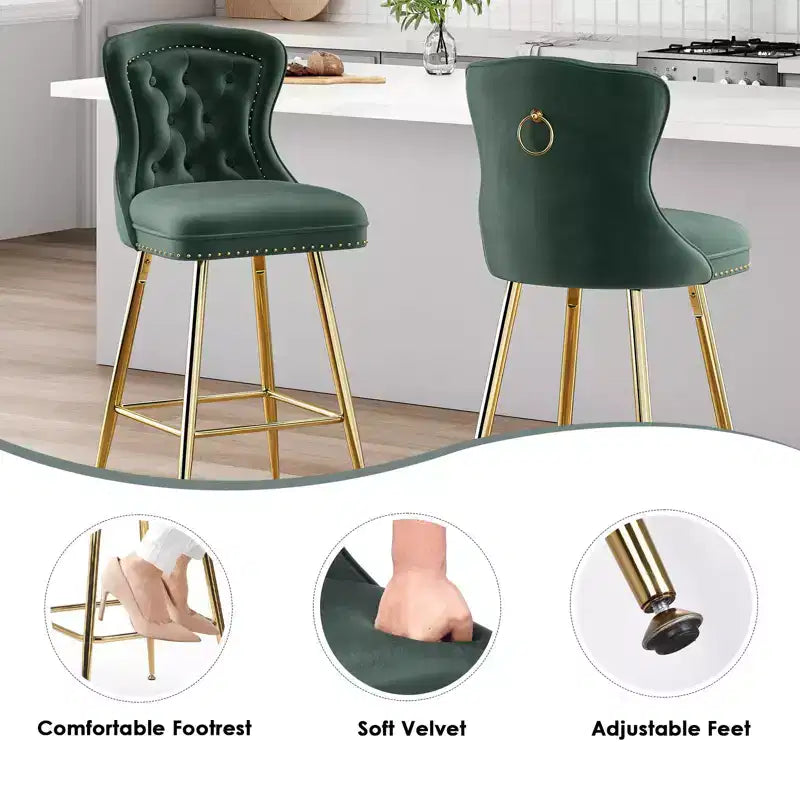 Okak Bar Stools Set of 2, Velvet Counter Height Barstools with Button Tufted Wing Back and Nailhead Trim, Elegant Bar Chairs for Kitchen Island