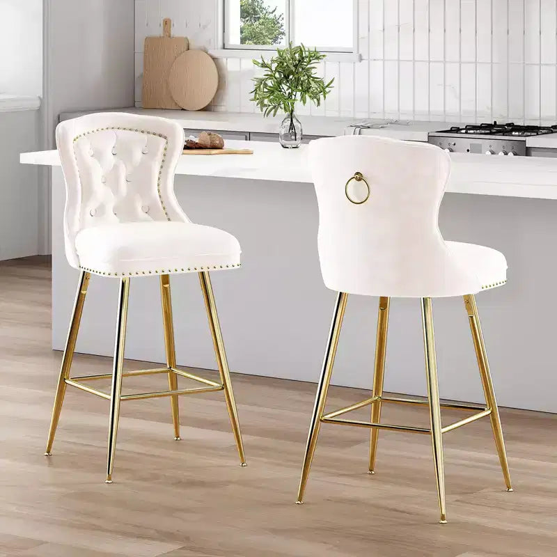 Okak Bar Stools Set of 2, Velvet Counter Height Barstools with Button Tufted Wing Back and Nailhead Trim, Elegant Bar Chairs for Kitchen Island